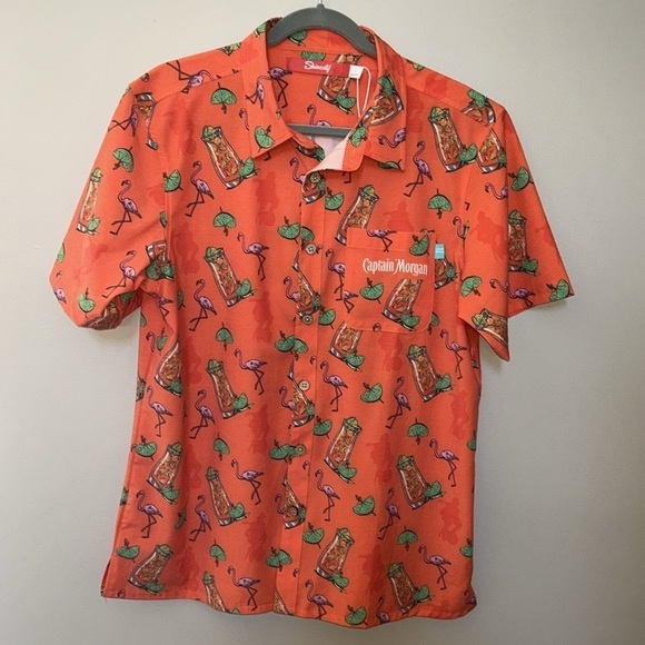 Captain Morgan Rum Flamingo Shinesty Short Sleeve Button Down Shirt Size Large - Picture 2 of 11